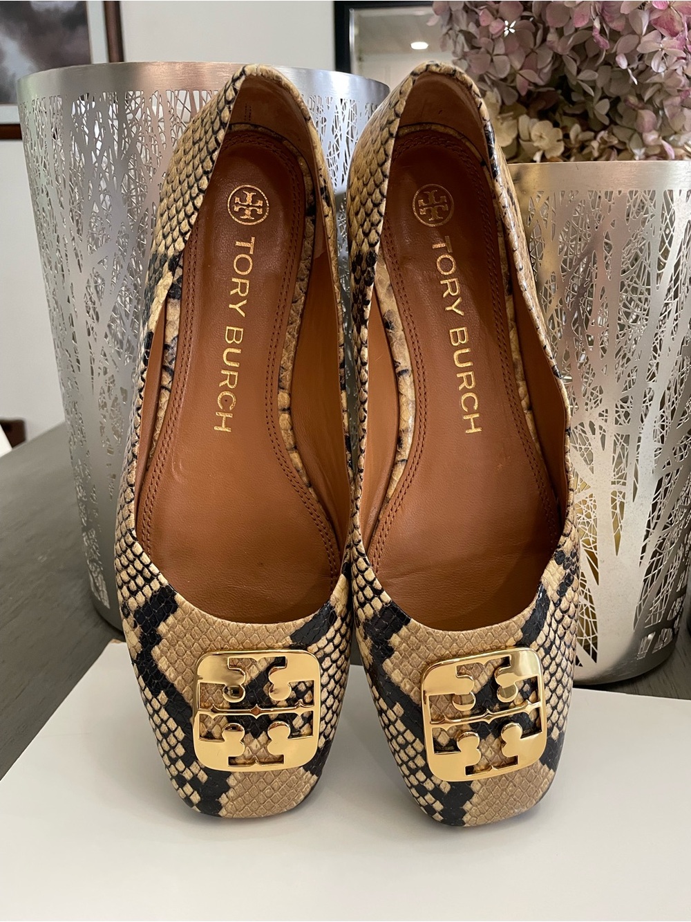 Tory Burch Snake-Print Flats in Tan and Black with Gold Logo